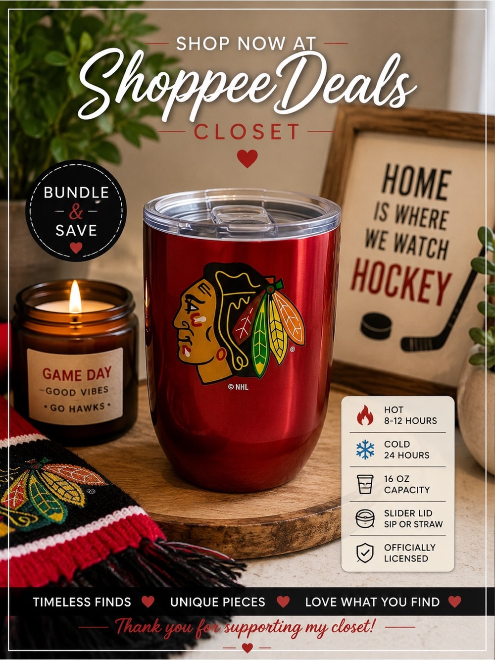 Chicago Blackhawks 16oz Stainless Steel Insulated Tumbler Slider Lid NHL Red